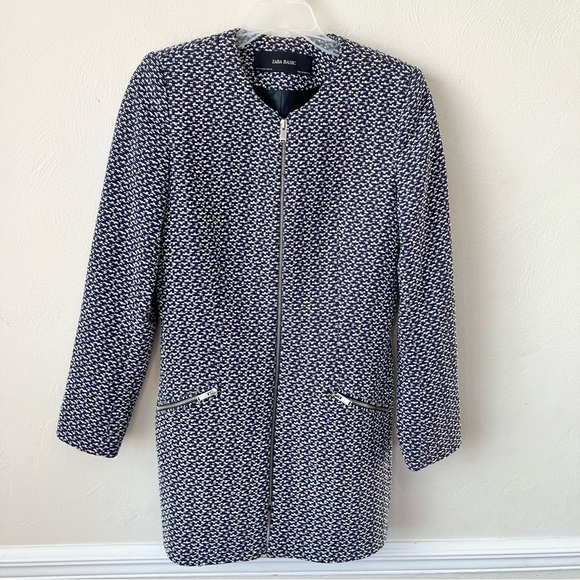 Zara Navy Blue & White Textured Frock Coat - Picture 1 of 9